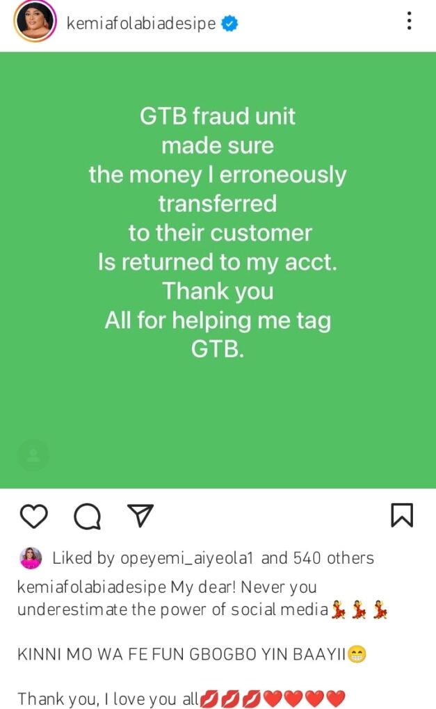 Kemi Afolabi recovers her money from GTbank 